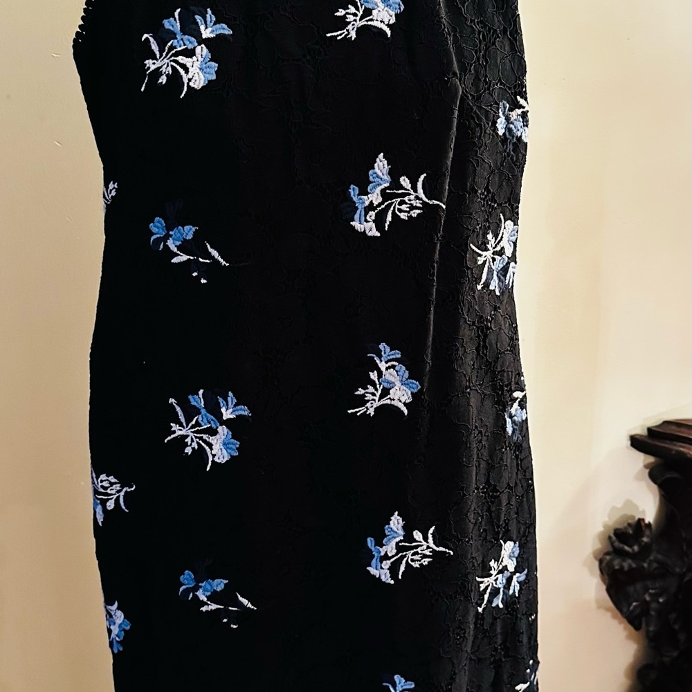 Ann Taylor Black Midi Dress with Blue Floral Embroidery